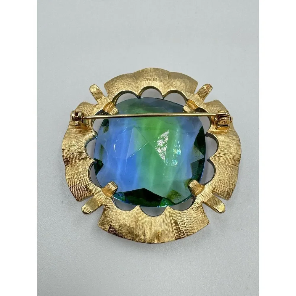Vintage‎ Large Gold ToBlue Green Faceted Glass Rhineston Brooch Signed STAR